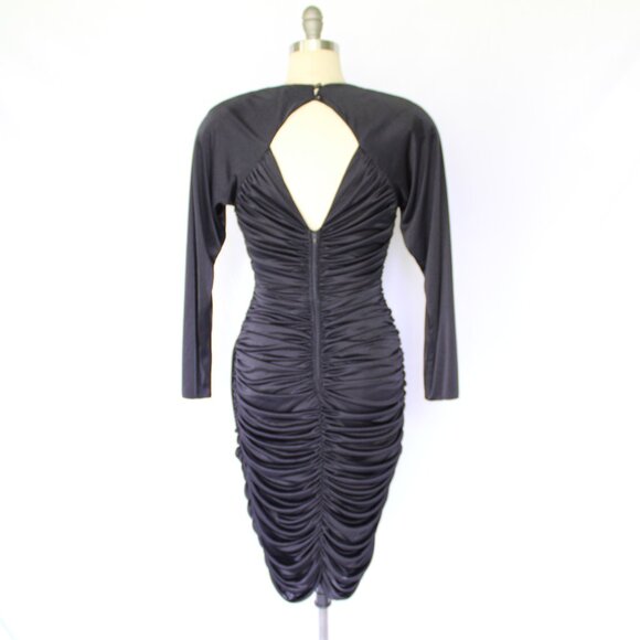 Vintage Abby Kent peacock beaded ruched draped wiggle satin black DISCO dress - Picture 9 of 10